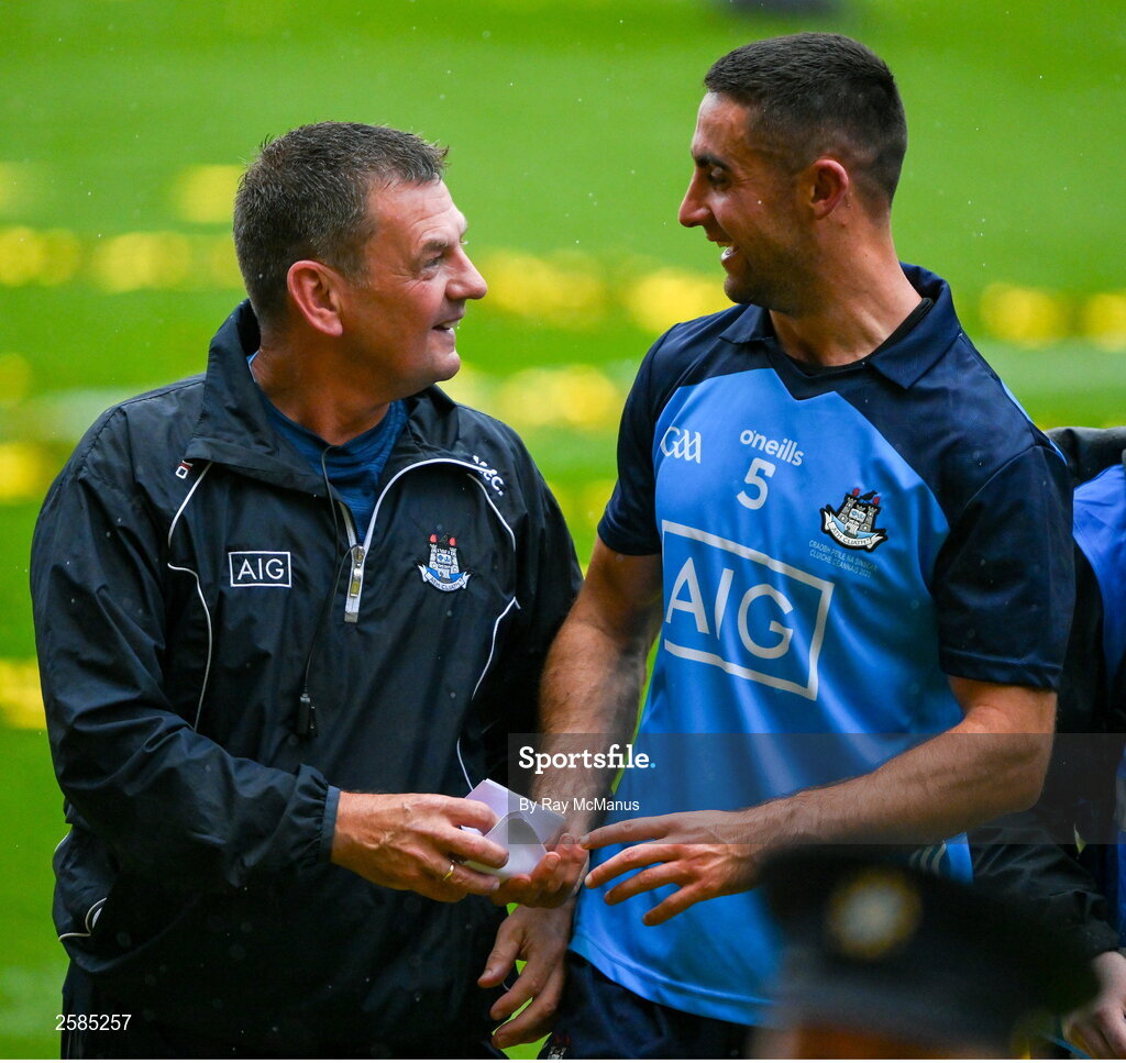 30 July 2023; Dublin captain James McCarthy is handed his acceptance speech by Seéamus McCormack after the GAA Football All-Ireland Senior Championship final match between Dublin and Kerry at Croke Park in Dublin. Photo by Ray McManus/Sportsfile