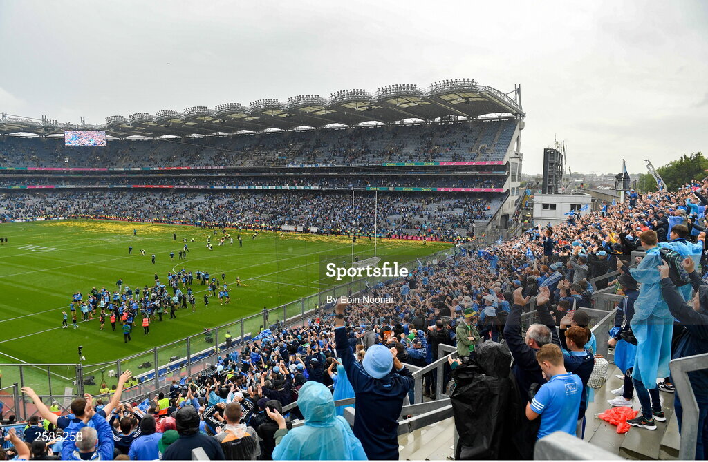 30 July 2023; Dublin supporters look on as the Dublin team celebrate their victory in the GAA Football All-Ireland Senior Championship final match between Dublin and Kerry at Croke Park in Dublin. Photo by Eóin Noonan/Sportsfile