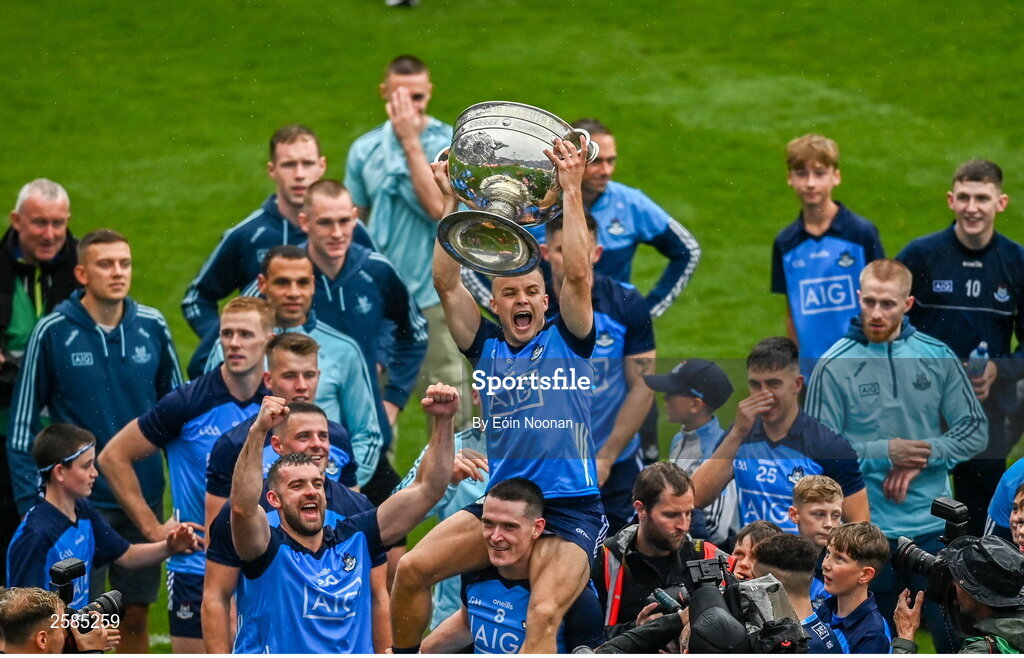 30 July 2023; Dublin players celebrate after the GAA Football All-Ireland Senior Championship final match between Dublin and Kerry at Croke Park in Dublin. Photo by Eóin Noonan/Sportsfile