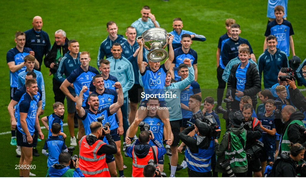 30 July 2023; Dublin players celebrate after the GAA Football All-Ireland Senior Championship final match between Dublin and Kerry at Croke Park in Dublin. Photo by Eóin Noonan/Sportsfile
