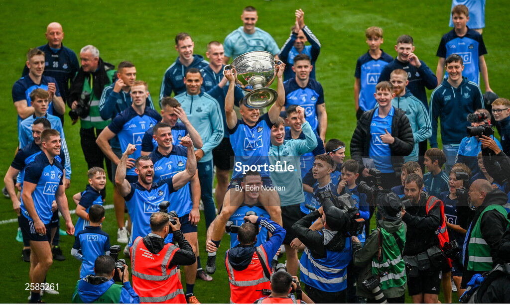 30 July 2023; Dublin players celebrate after the GAA Football All-Ireland Senior Championship final match between Dublin and Kerry at Croke Park in Dublin. Photo by Eóin Noonan/Sportsfile