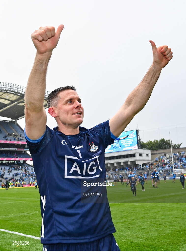 30 July 2023; Dublin goalkeeper Stephen Cluxton celebrates after his side's victory in the GAA Football All-Ireland Senior Championship final match between Dublin and Kerry at Croke Park in Dublin. Photo by Seb Daly/Sportsfile