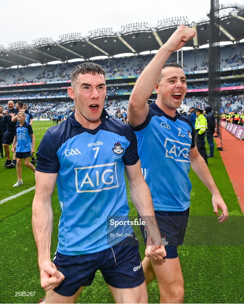 30 July 2023; Dublin players Lee Gannon, left, and Cormac Costello celebrate after their side's victory in the GAA Football All-Ireland Senior Championship final match between Dublin and Kerry at Croke Park in Dublin. Photo by Seb Daly/Sportsfile