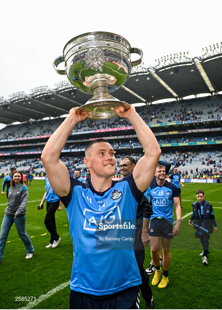 30 July 2023; Con O'Callaghan of Dublin with the Sam Maguire cup after the GAA Football All-Ireland Senior Championship final match between Dublin and Kerry at Croke Park in Dublin. Photo by Ramsey Cardy/Sportsfile