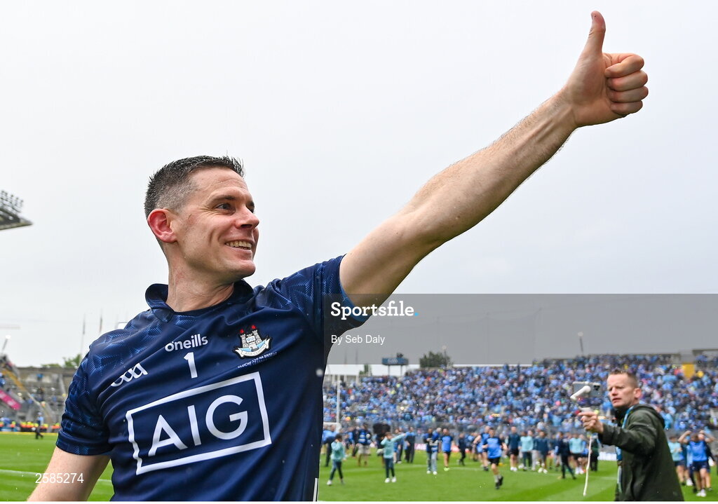 30 July 2023; Dublin goalkeeper Stephen Cluxton celebrates after his side's victory in the GAA Football All-Ireland Senior Championship final match between Dublin and Kerry at Croke Park in Dublin. Photo by Seb Daly/Sportsfile