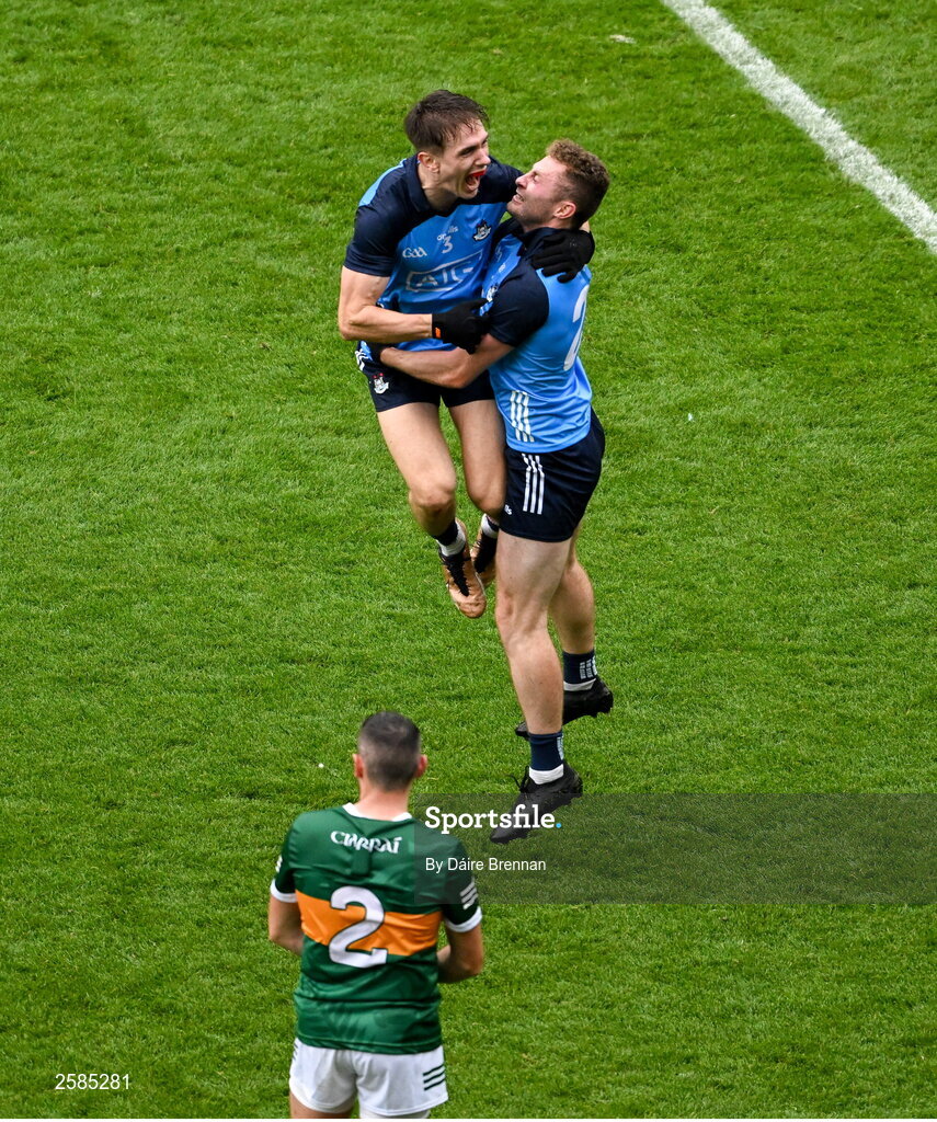 30 July 2023; Michael Fitzsimons of Dublin, left, and team-mate Jack McCaffrey celebrate after the GAA Football All-Ireland Senior Championship final match between Dublin and Kerry at Croke Park in Dublin. Photo by Daire Brennan/Sportsfile