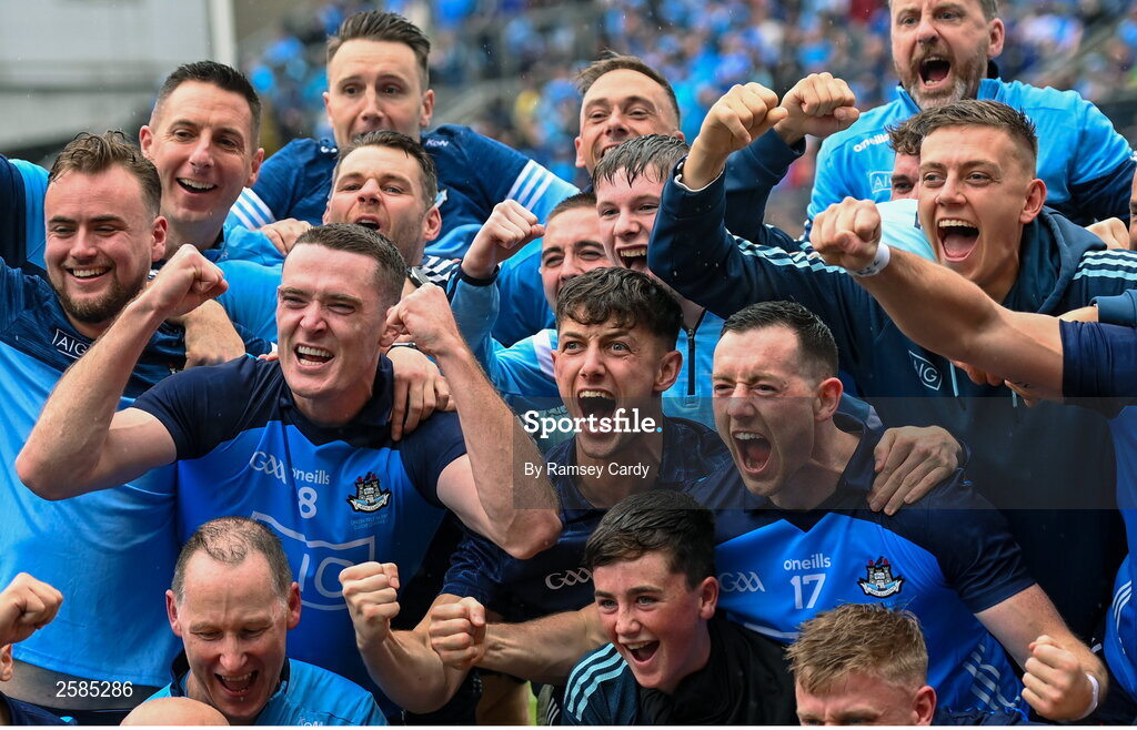 30 July 2023; Dublin players, including Brian Fenton, Evan Comerford and Ryan Basquel celebrate after the GAA Football All-Ireland Senior Championship final match between Dublin and Kerry at Croke Park in Dublin. Photo by Ramsey Cardy/Sportsfile