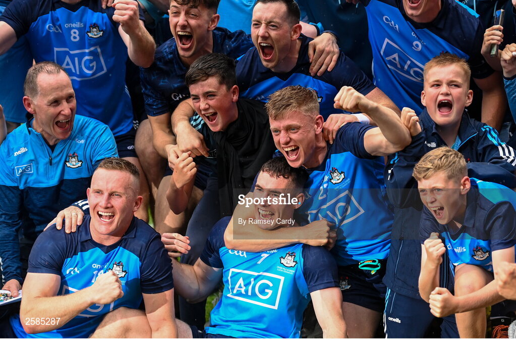 30 July 2023; Dublin players celebrate after the GAA Football All-Ireland Senior Championship final match between Dublin and Kerry at Croke Park in Dublin. Photo by Ramsey Cardy/Sportsfile