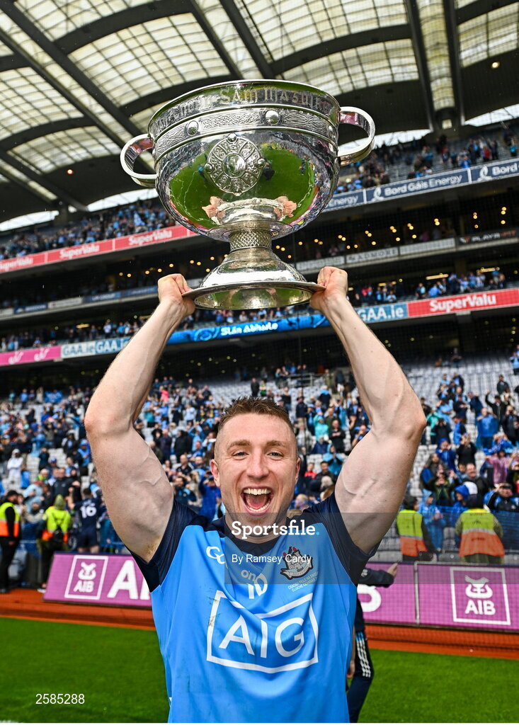 30 July 2023; Paddy Small of Dublin with the Sam Maguire cup after the GAA Football All-Ireland Senior Championship final match between Dublin and Kerry at Croke Park in Dublin. Photo by Ramsey Cardy/Sportsfile