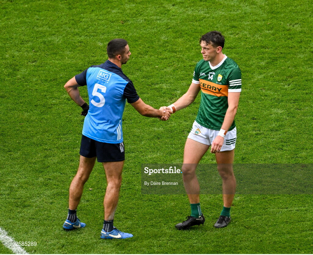 30 July 2023; Dublin captain James McCarthy shakes hands with Kerry captain David Clifford after the GAA Football All-Ireland Senior Championship final match between Dublin and Kerry at Croke Park in Dublin. Photo by Daire Brennan/Sportsfile