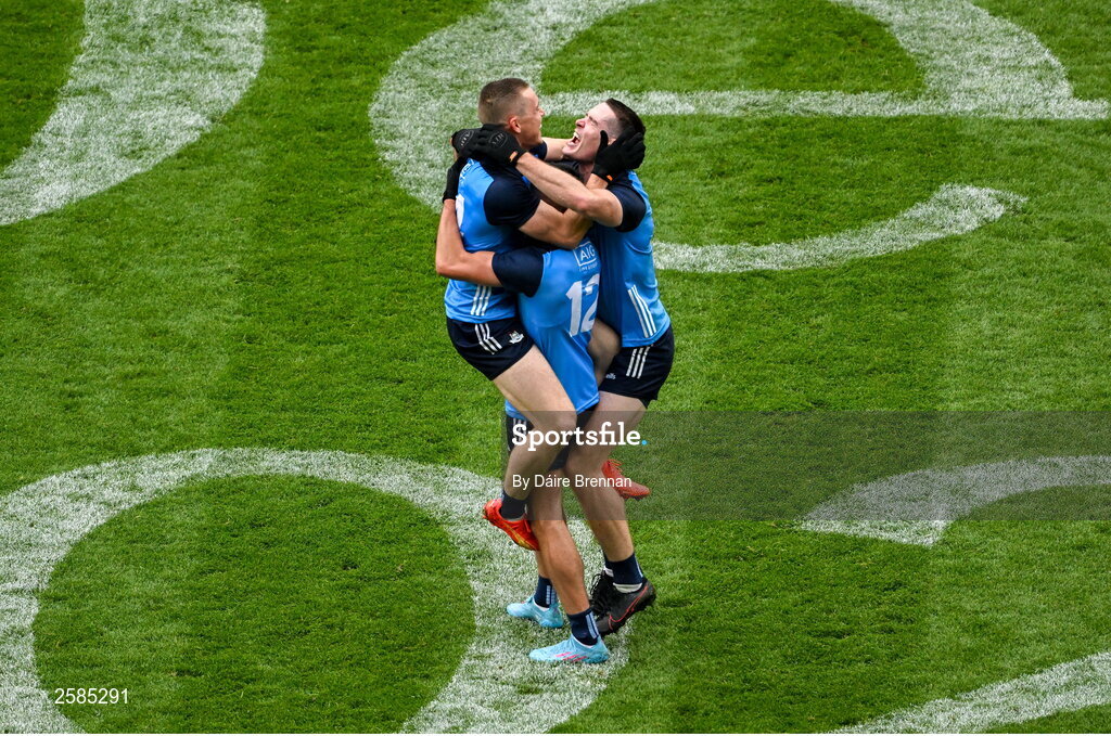30 July 2023; Dublin players, left to right, Con O'Callaghan, Niall Scully, and Brian Fenton, celebrate after the GAA Football All-Ireland Senior Championship final match between Dublin and Kerry at Croke Park in Dublin. Photo by Daire Brennan/Sportsfile