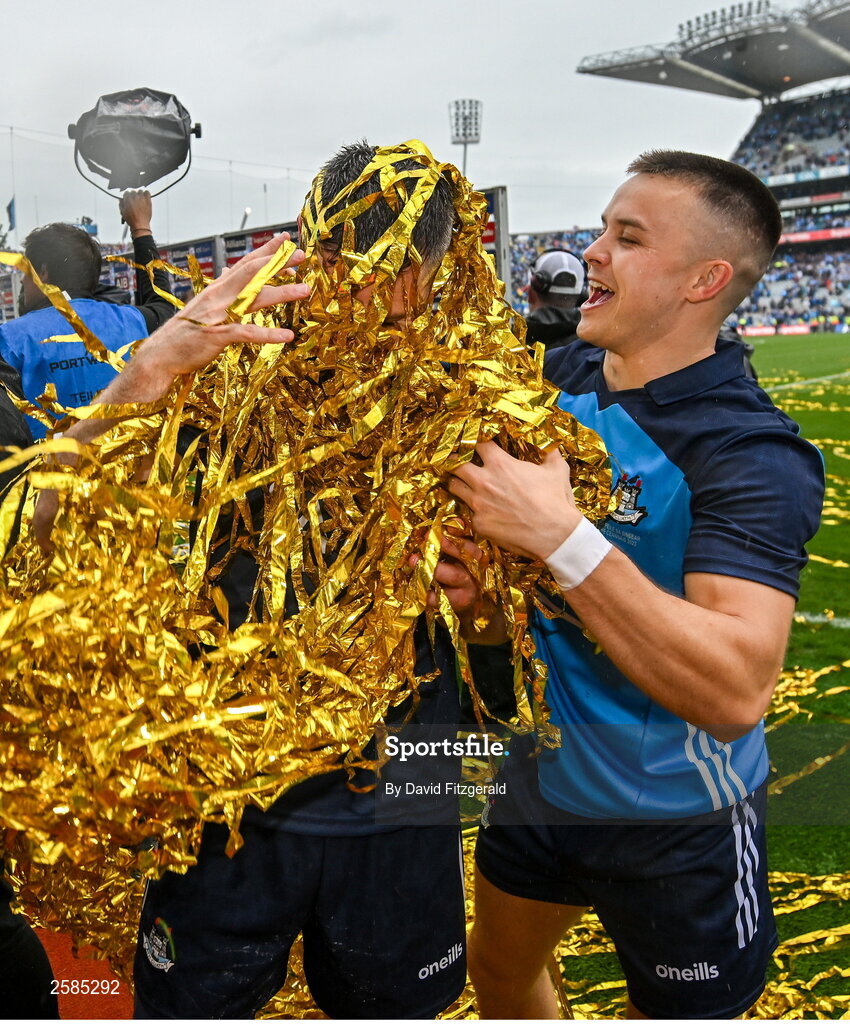30 July 2023; Eoin Murchan, right, and Stephen Cluxton of Dublin after the GAA Football All-Ireland Senior Championship final match between Dublin and Kerry at Croke Park in Dublin. Photo by David Fitzgerald/Sportsfile