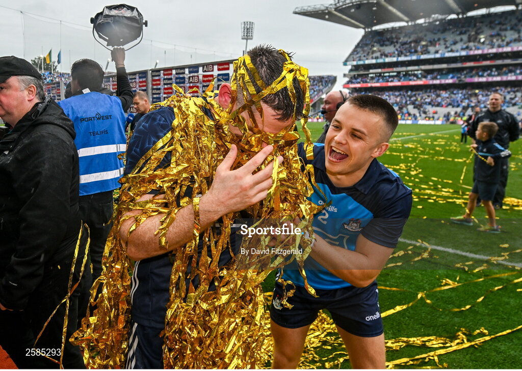 30 July 2023; Eoin Murchan, right, and Stephen Cluxton of Dublin after the GAA Football All-Ireland Senior Championship final match between Dublin and Kerry at Croke Park in Dublin. Photo by David Fitzgerald/Sportsfile