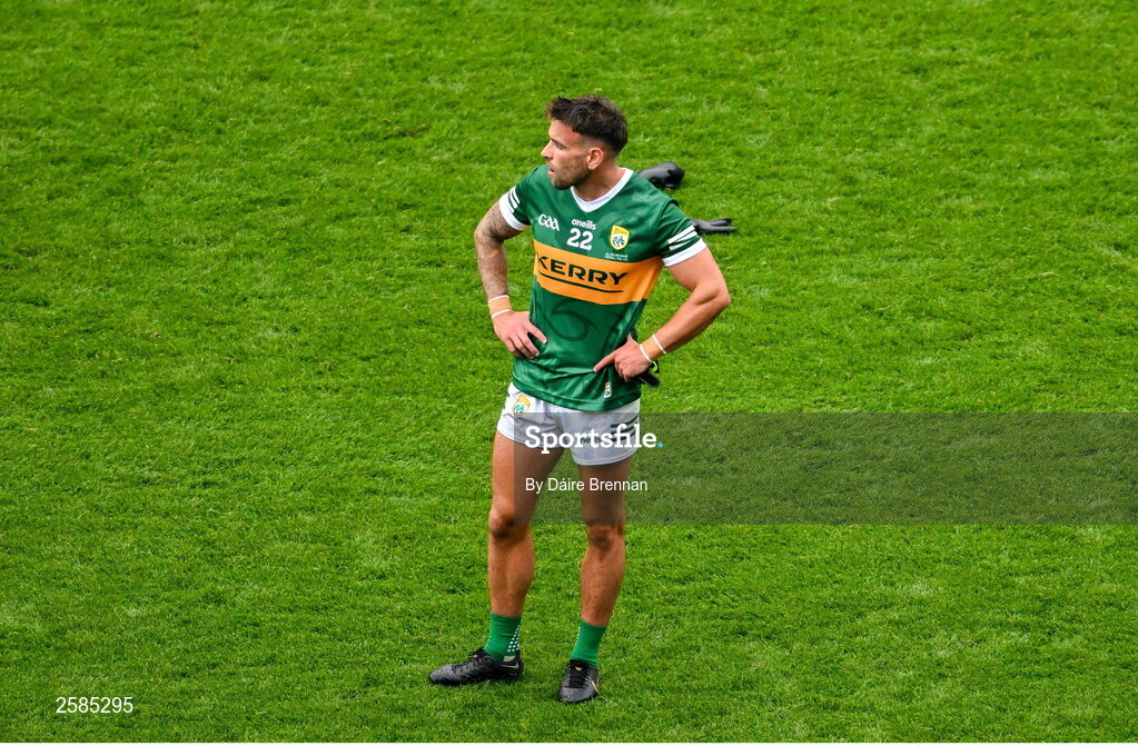 30 July 2023; A dejected Micheál Burns of Kerry after the GAA Football All-Ireland Senior Championship final match between Dublin and Kerry at Croke Park in Dublin. Photo by Daire Brennan/Sportsfile