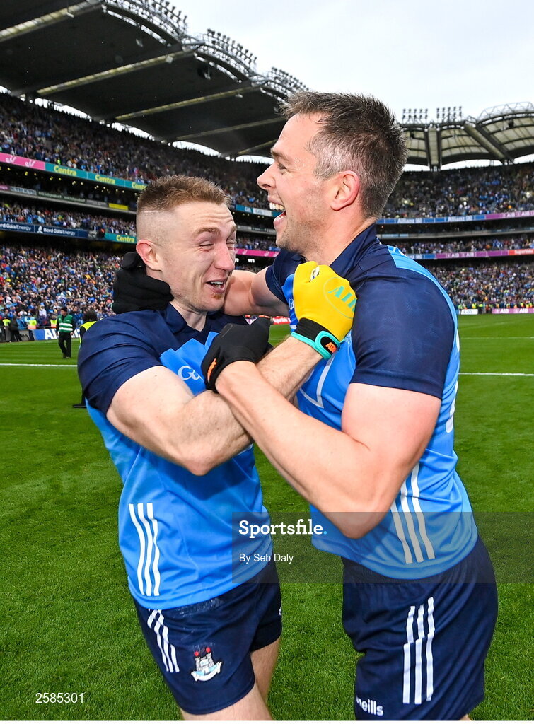 30 July 2023; Dublin players Paddy Small, left, and Dean Rock celebrate after their side's victory in the GAA Football All-Ireland Senior Championship final match between Dublin and Kerry at Croke Park in Dublin. Photo by Seb Daly/Sportsfile