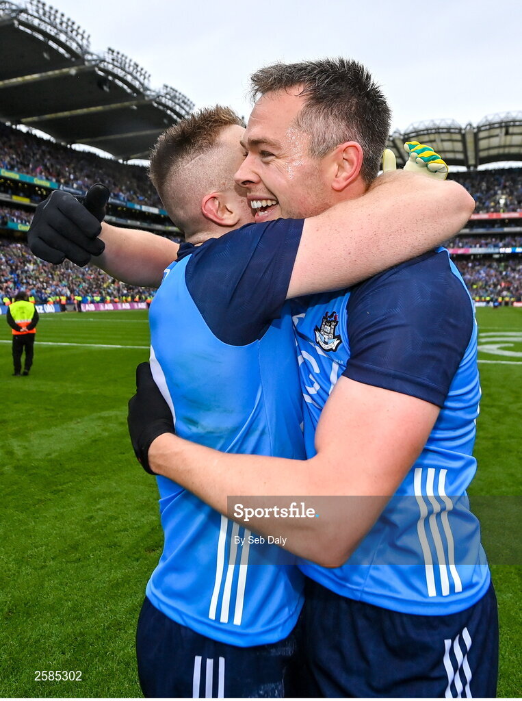 30 July 2023; Dublin players Paddy Small, left, and Dean Rock celebrate after their side's victory in the GAA Football All-Ireland Senior Championship final match between Dublin and Kerry at Croke Park in Dublin. Photo by Seb Daly/Sportsfile
