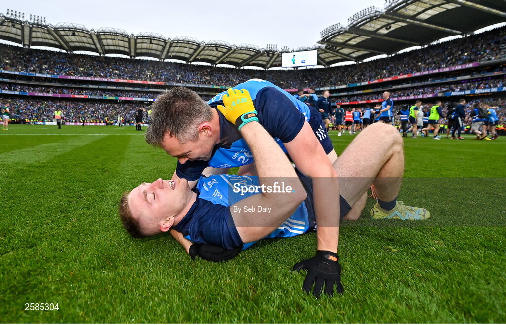 30 July 2023; Dublin players Paddy Small, left, and Dean Rock celebrate after their side's victory in the GAA Football All-Ireland Senior Championship final match between Dublin and Kerry at Croke Park in Dublin. Photo by Seb Daly/Sportsfile