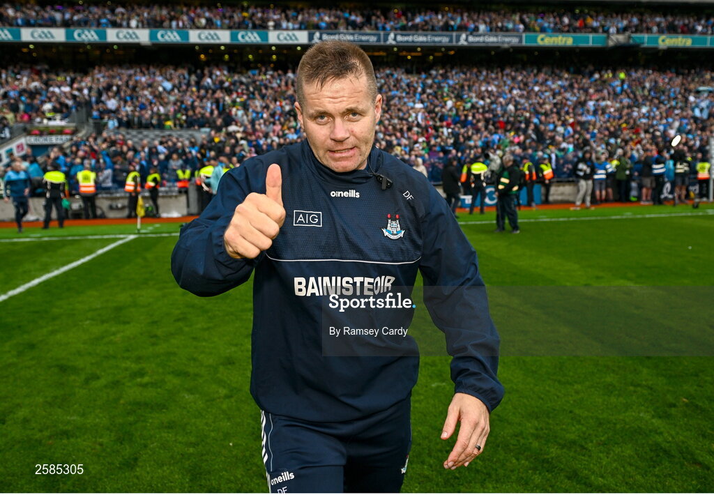30 July 2023; Dublin manager Dessie Farrell celebrates after the GAA Football All-Ireland Senior Championship final match between Dublin and Kerry at Croke Park in Dublin. Photo by Ramsey Cardy/Sportsfile