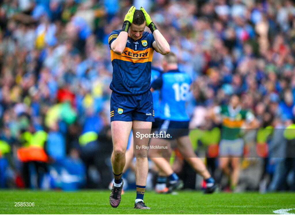 30 July 2023; Dublin players begin the celebrations and Kerry goalkeeper Shane Ryan reacts to the final whistle of the GAA Football All-Ireland Senior Championship final match between Dublin and Kerry at Croke Park in Dublin. Photo by Ray McManus/Sportsfile