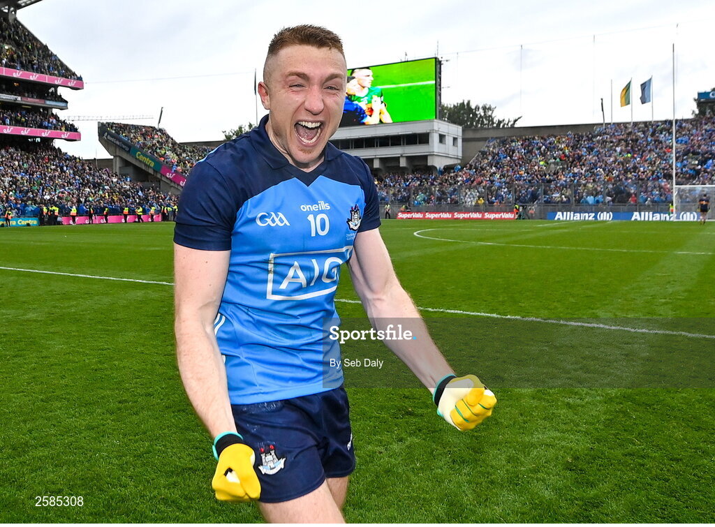 30 July 2023; Paddy Small of Dublin celebrates after his side's victory in the GAA Football All-Ireland Senior Championship final match between Dublin and Kerry at Croke Park in Dublin. Photo by Seb Daly/Sportsfile