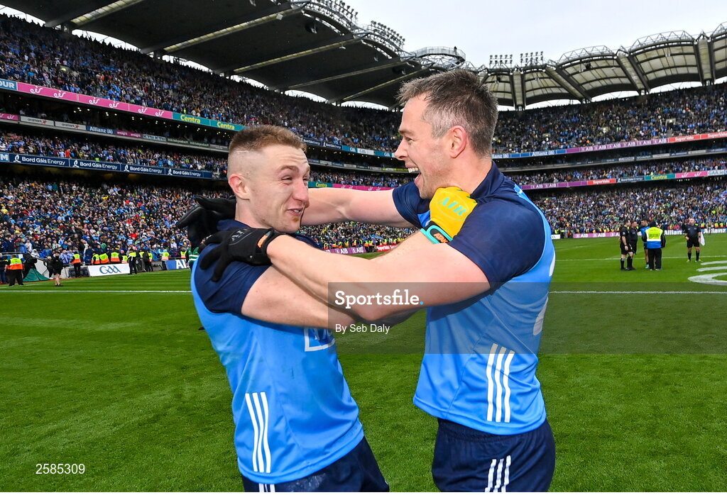 30 July 2023; Dublin players Paddy Small, left, and Dean Rock celebrate after their side's victory in the GAA Football All-Ireland Senior Championship final match between Dublin and Kerry at Croke Park in Dublin. Photo by Seb Daly/Sportsfile