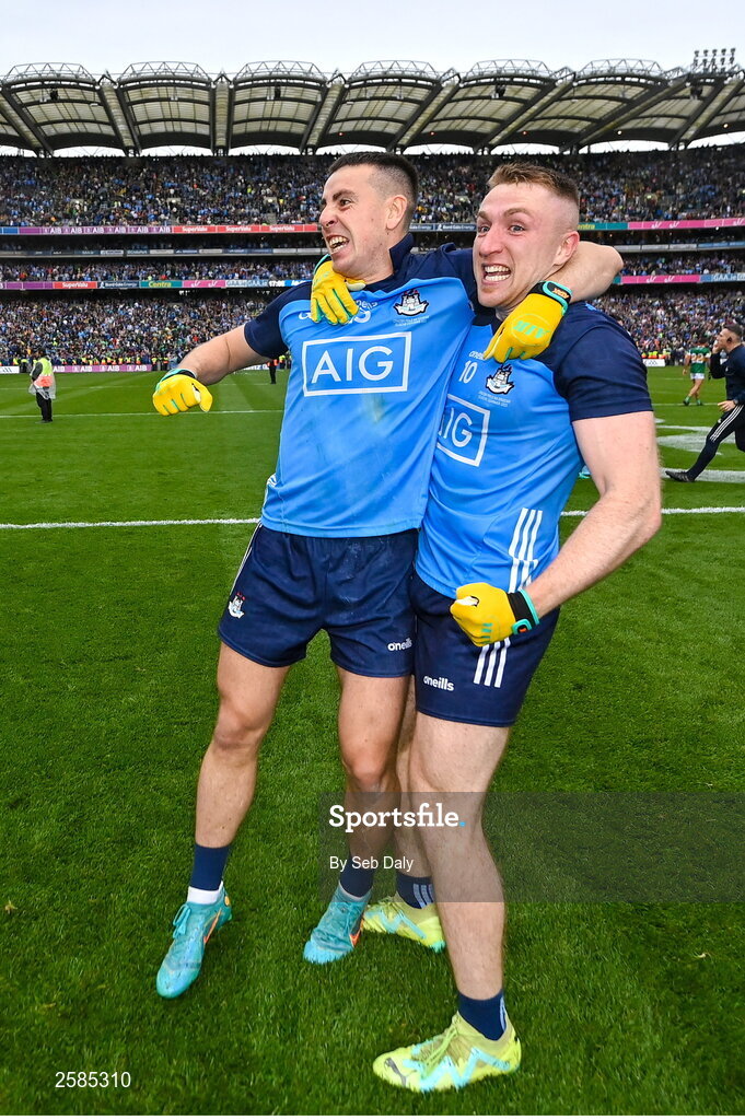 30 July 2023; Dublin players Cormac Costello, left, and Paddy Small celebrate after their side's victory in the GAA Football All-Ireland Senior Championship final match between Dublin and Kerry at Croke Park in Dublin. Photo by Seb Daly/Sportsfile