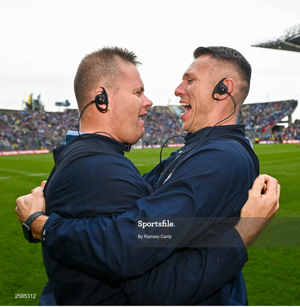 30 July 2023; Dublin manager Dessie Farrell, left, celebrates with selector Darren Daly after the GAA Football All-Ireland Senior Championship final match between Dublin and Kerry at Croke Park in Dublin. Photo by Ramsey Cardy/Sportsfile
