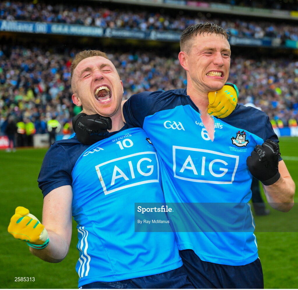 30 July 2023; Brothers Paddy and John Small of Dublin celebrate after the GAA Football All-Ireland Senior Championship final match between Dublin and Kerry at Croke Park in Dublin. Photo by Ray McManus/Sportsfile
