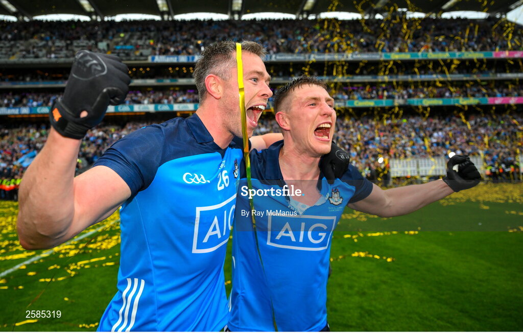 30 July 2023; Jack McCaffrey and Dean Rock of Dublin celebrate after the GAA Football All-Ireland Senior Championship final match between Dublin and Kerry at Croke Park in Dublin. Photo by Ray McManus/Sportsfile