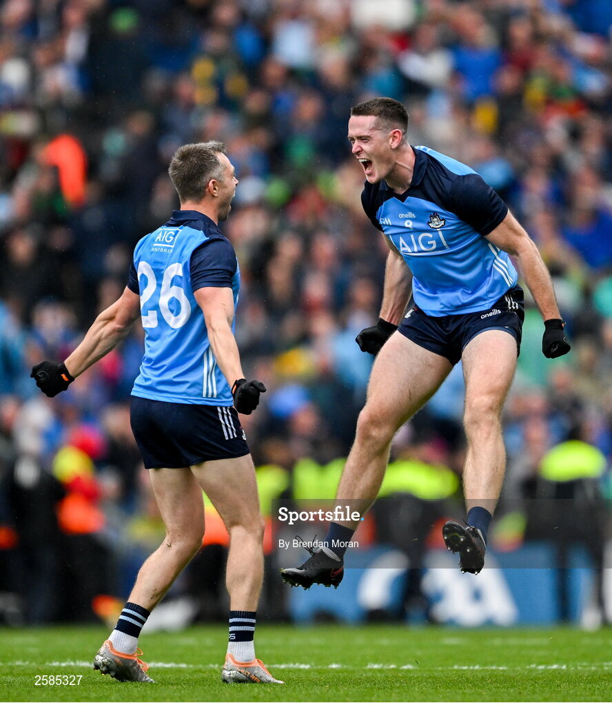 30 July 2023; Brian Fenton, right, and teammate Dean Rock of Dublin celebrate victory at the final whistle of the GAA Football All-Ireland Senior Championship final match between Dublin and Kerry at Croke Park in Dublin. Photo by Brendan Moran/Sportsfile