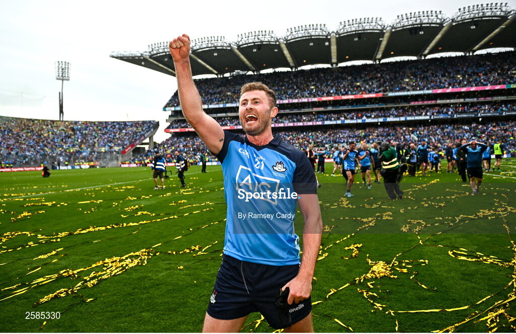 30 July 2023; Jack McCaffrey of Dublin celebrates after the GAA Football All-Ireland Senior Championship final match between Dublin and Kerry at Croke Park in Dublin. Photo by Ramsey Cardy/Sportsfile