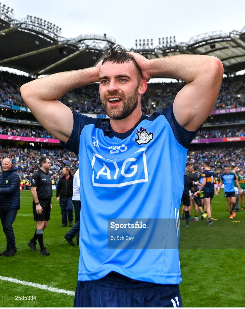 30 July 2023; Seán MacMahon of Dublin celebrates after his side's victory in the GAA Football All-Ireland Senior Championship final match between Dublin and Kerry at Croke Park in Dublin. Photo by Seb Daly/Sportsfile