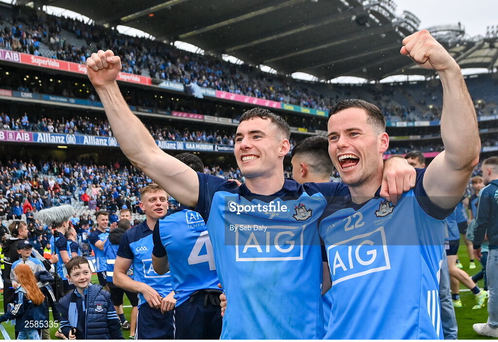 30 July 2023; Dublin players Lee Gannon, left, and Ross McGarry celebrate after their side's victory in the GAA Football All-Ireland Senior Championship final match between Dublin and Kerry at Croke Park in Dublin. Photo by Seb Daly/Sportsfile