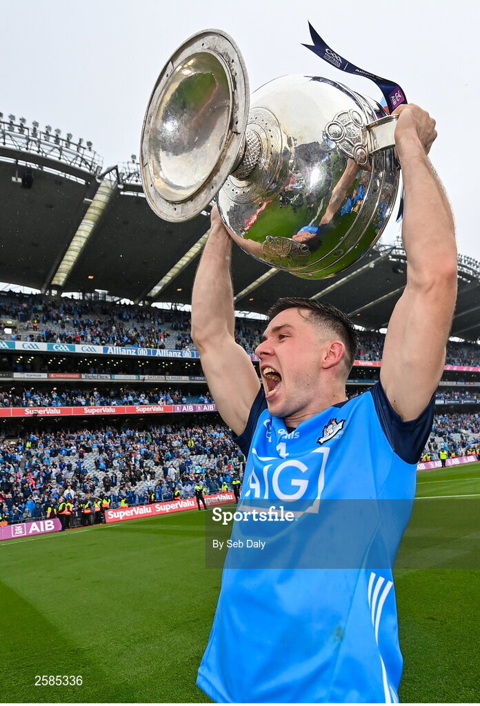 30 July 2023; David Byrne of Dublin celebrates with the Sam Maguire Cup after his side's victory in the GAA Football All-Ireland Senior Championship final match between Dublin and Kerry at Croke Park in Dublin. Photo by Seb Daly/Sportsfile