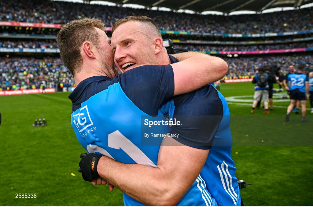 30 July 2023; Jack McCaffrey, left, and Ciaran Kilkenny of Dublin celebrate after the GAA Football All-Ireland Senior Championship final match between Dublin and Kerry at Croke Park in Dublin. Photo by Ramsey Cardy/Sportsfile