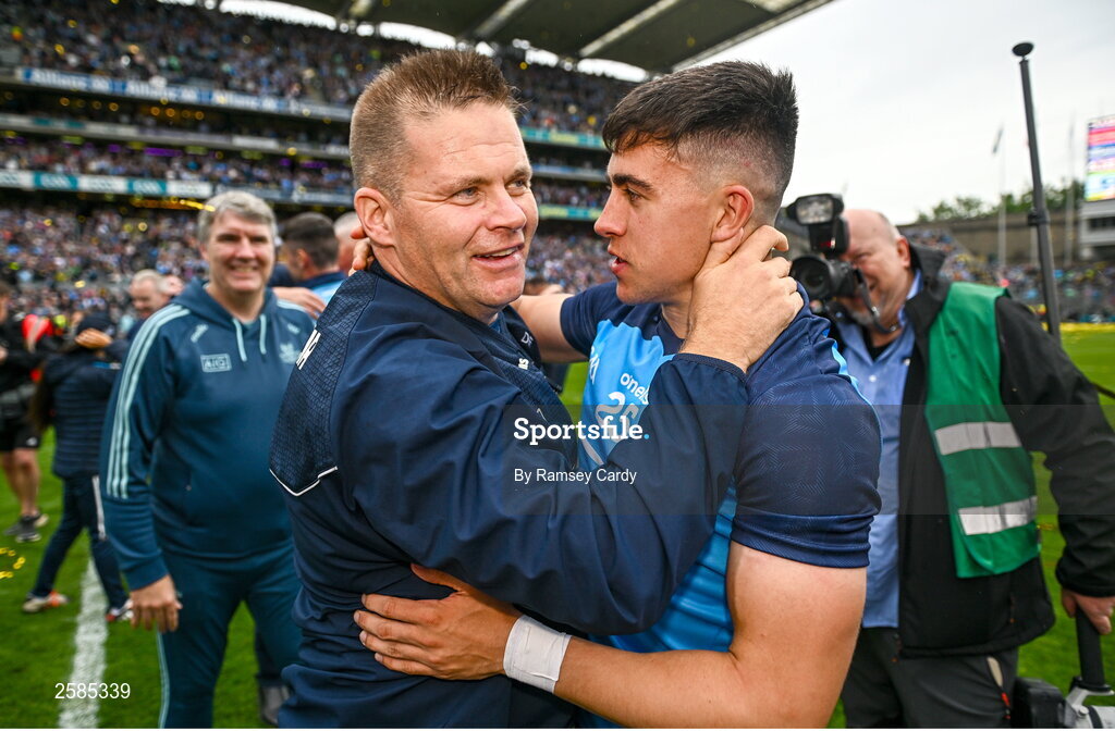 30 July 2023; Dublin manager Dessie Farrell, left, celebrates with Lorcan O'Dell after the GAA Football All-Ireland Senior Championship final match between Dublin and Kerry at Croke Park in Dublin. Photo by Ramsey Cardy/Sportsfile