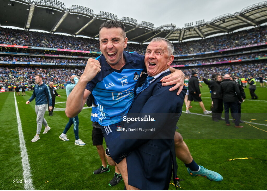 30 July 2023; Retiring Dublin GAA Chief Executive John Costello celebrates with his son Cormac Costello after the GAA Football All-Ireland Senior Championship final match between Dublin and Kerry at Croke Park in Dublin. Photo by David Fitzgerald/Sportsfile