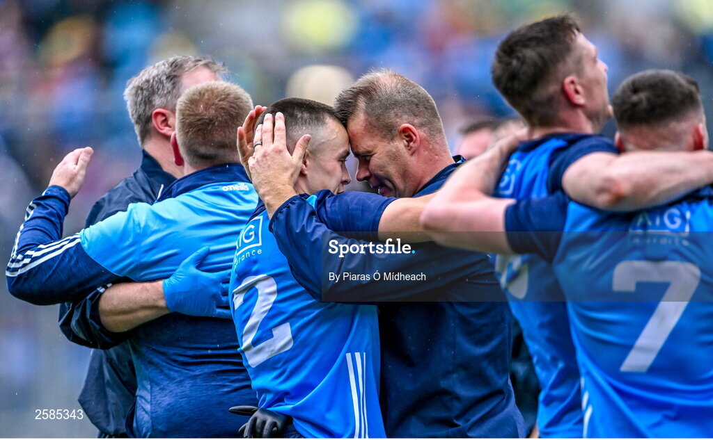 30 July 2023; Dublin manager Dessie Farrell celebrates with Eoin Murchan after their side's victory in the GAA Football All-Ireland Senior Championship final match between Dublin and Kerry at Croke Park in Dublin. Photo by Piaras Ó Mídheach/Sportsfile