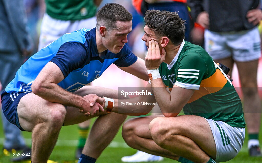 30 July 2023; David Clifford of Kerry is consoled by Brian Fenton of Dublin after his side's defeat in the GAA Football All-Ireland Senior Championship final match between Dublin and Kerry at Croke Park in Dublin. Photo by Piaras Ó Mídheach/Sportsfile