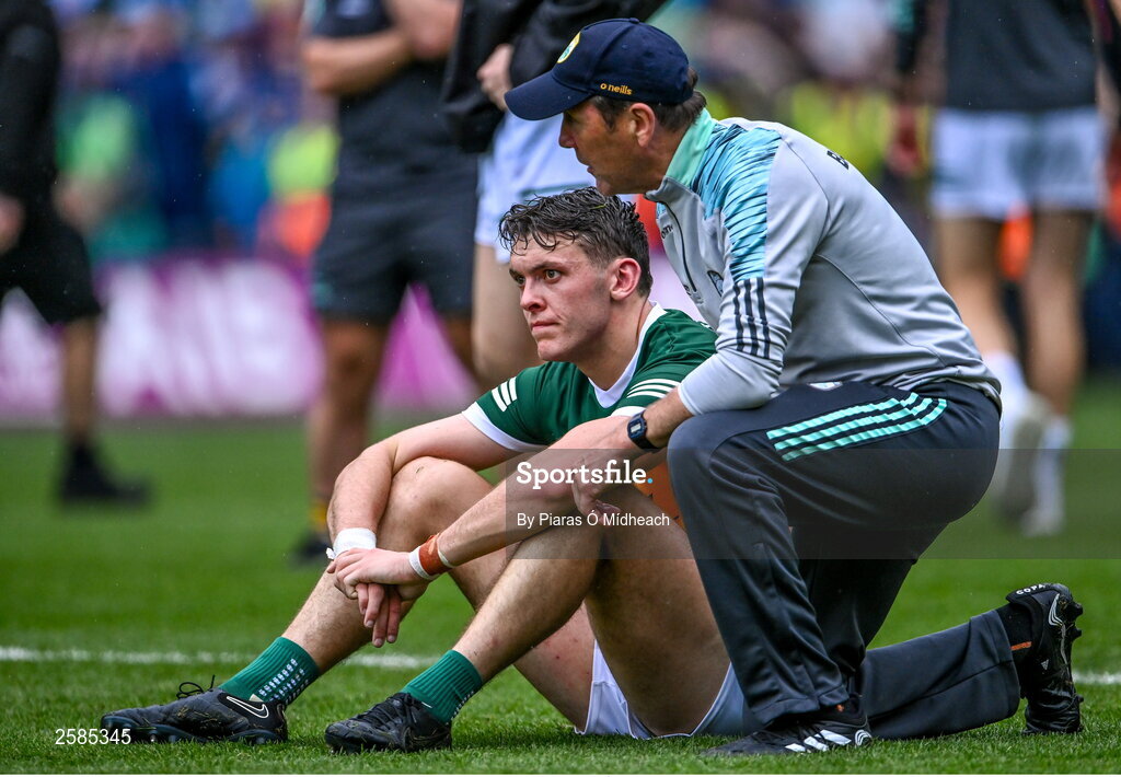 30 July 2023; Kerry captain David Clifford with his manager Jack O'Connor after their side's defeat in the GAA Football All-Ireland Senior Championship final match between Dublin and Kerry at Croke Park in Dublin. Photo by Piaras Ó Mídheach/Sportsfile