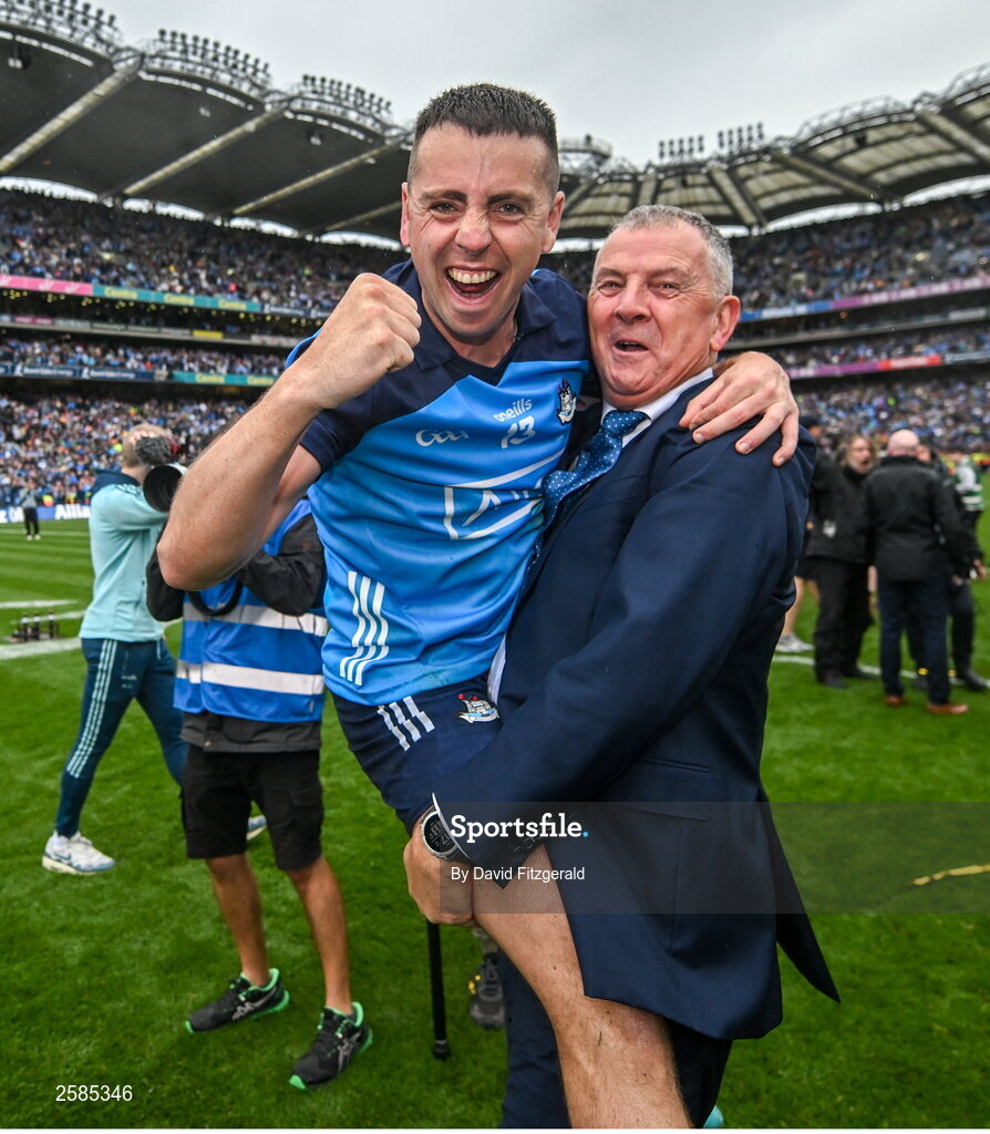 30 July 2023; Retiring Dublin GAA Chief Executive John Costello celebrates with his son Cormac Costello after the GAA Football All-Ireland Senior Championship final match between Dublin and Kerry at Croke Park in Dublin. Photo by David Fitzgerald/Sportsfile