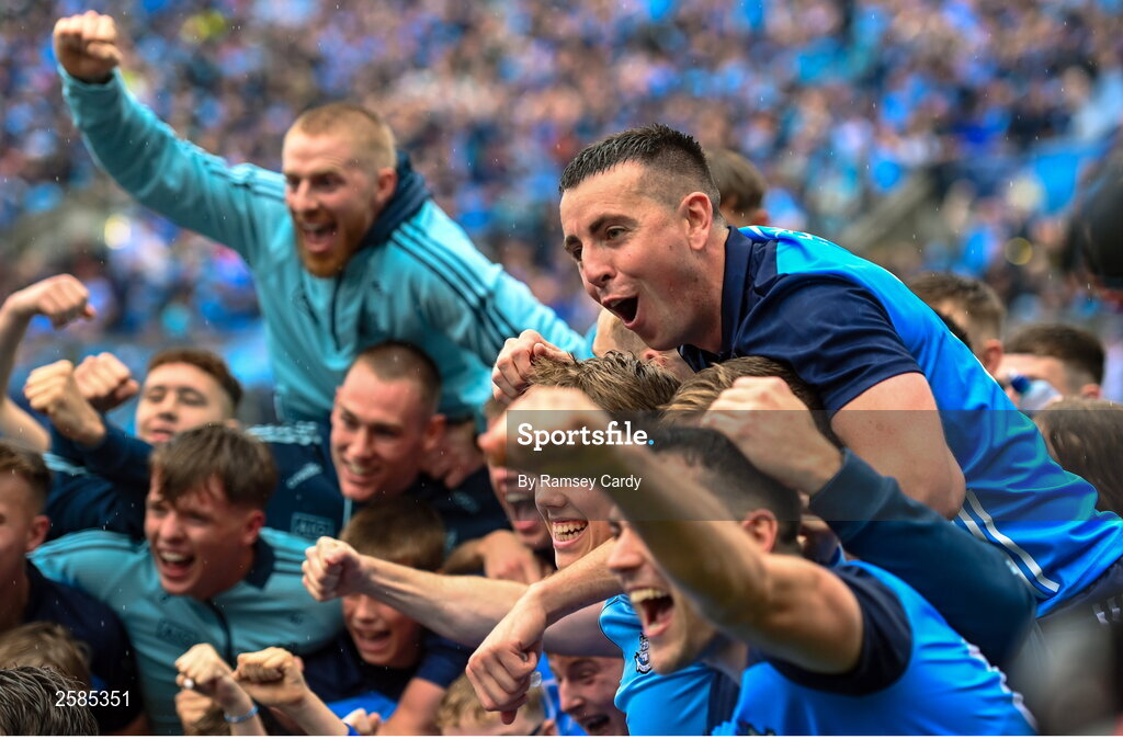 30 July 2023; Dublin players, including Cormac Costello, celebrate after the GAA Football All-Ireland Senior Championship final match between Dublin and Kerry at Croke Park in Dublin. Photo by Ramsey Cardy/Sportsfile