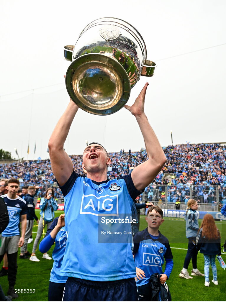 30 July 2023; Cormac Costello of Dublin with the Sam Maguire cup after the GAA Football All-Ireland Senior Championship final match between Dublin and Kerry at Croke Park in Dublin. Photo by Ramsey Cardy/Sportsfile