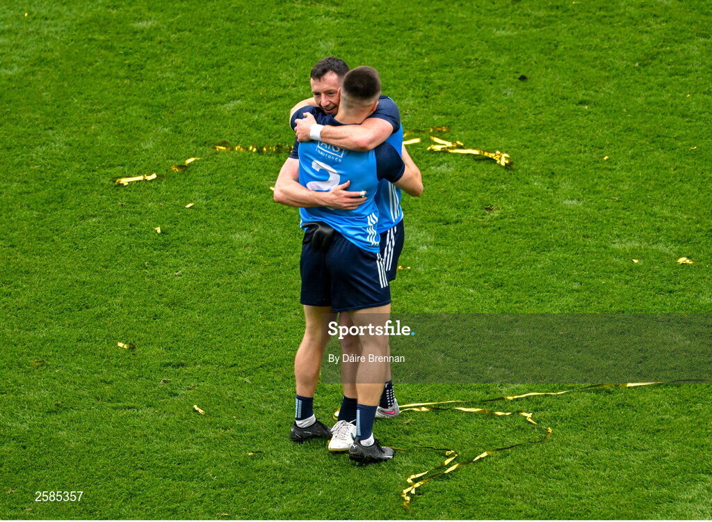 30 July 2023; Dublin players, Ryan Basquel, left, and Eoin Murchan, celebrate after the GAA Football All-Ireland Senior Championship final match between Dublin and Kerry at Croke Park in Dublin. Photo by Daire Brennan/Sportsfile