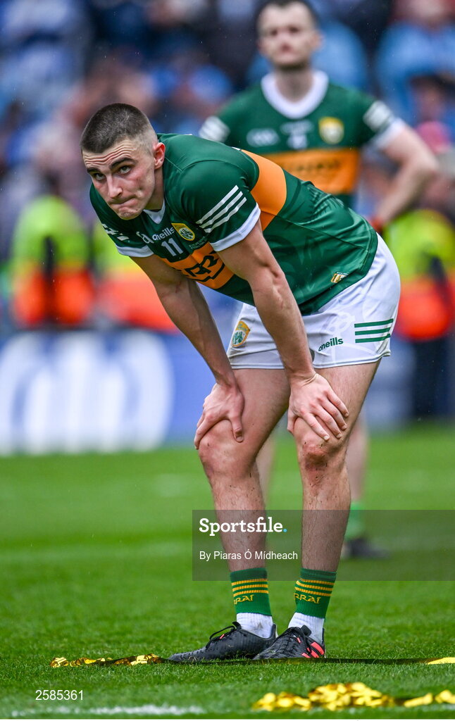30 July 2023; Seán O'Shea of Kerry after his side's defeat in the GAA Football All-Ireland Senior Championship final match between Dublin and Kerry at Croke Park in Dublin. Photo by Piaras Ó Mídheach/Sportsfile