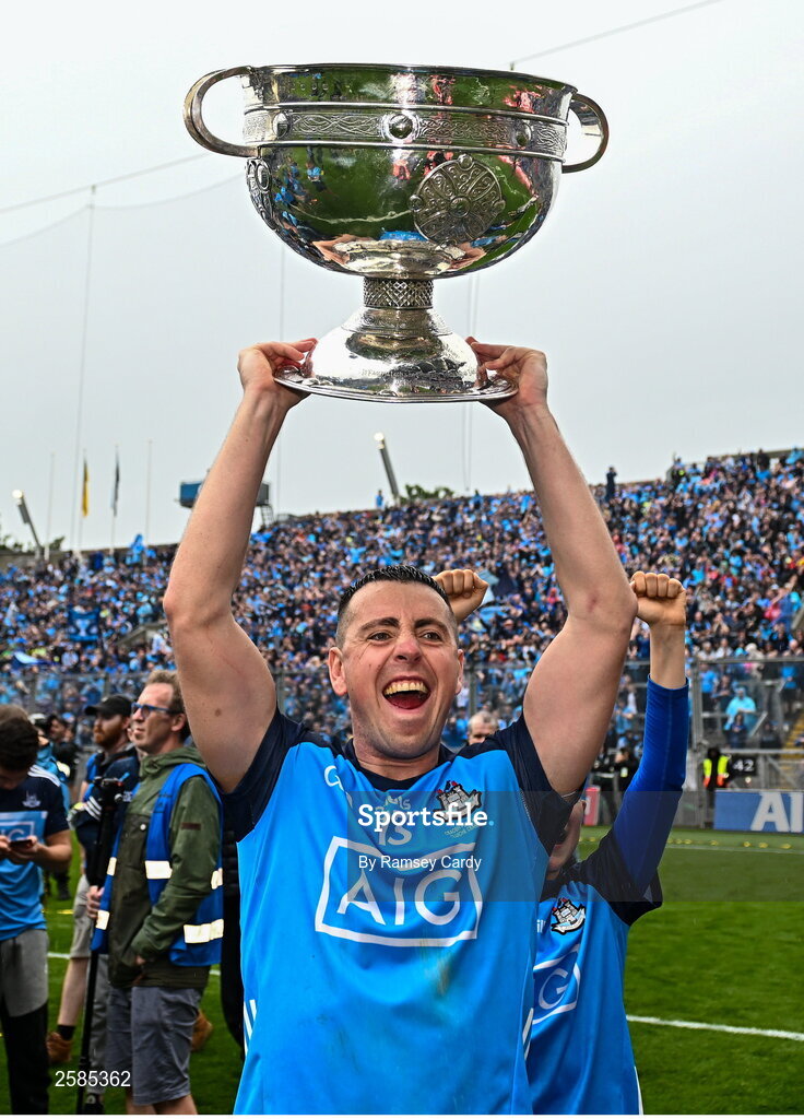 30 July 2023; Cormac Costello of Dublin with the Sam Maguire cup after the GAA Football All-Ireland Senior Championship final match between Dublin and Kerry at Croke Park in Dublin. Photo by Ramsey Cardy/Sportsfile