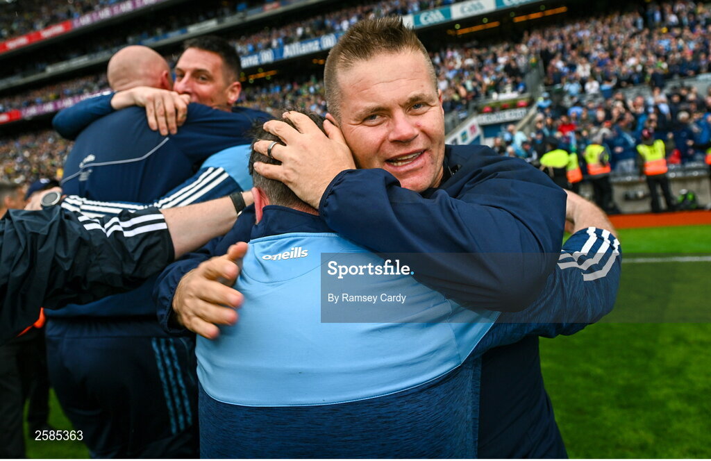30 July 2023; Dublin manager Dessie Farrell celebrates after the GAA Football All-Ireland Senior Championship final match between Dublin and Kerry at Croke Park in Dublin. Photo by Ramsey Cardy/Sportsfile