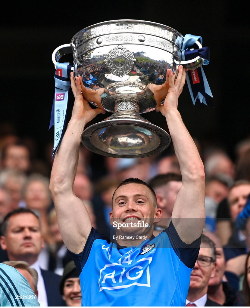 30 July 2023; Con O'Callaghan of Dublin lifts the Sam Maguire cup after the GAA Football All-Ireland Senior Championship final match between Dublin and Kerry at Croke Park in Dublin. Photo by Ramsey Cardy/Sportsfile