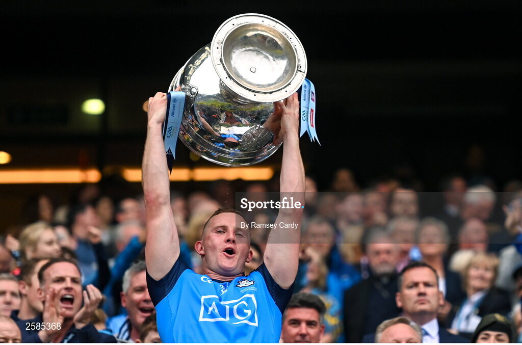 30 July 2023; Ciaran Kilkenny of Dublin lifts the Sam Maguire cup after the GAA Football All-Ireland Senior Championship final match between Dublin and Kerry at Croke Park in Dublin. Photo by Ramsey Cardy/Sportsfile