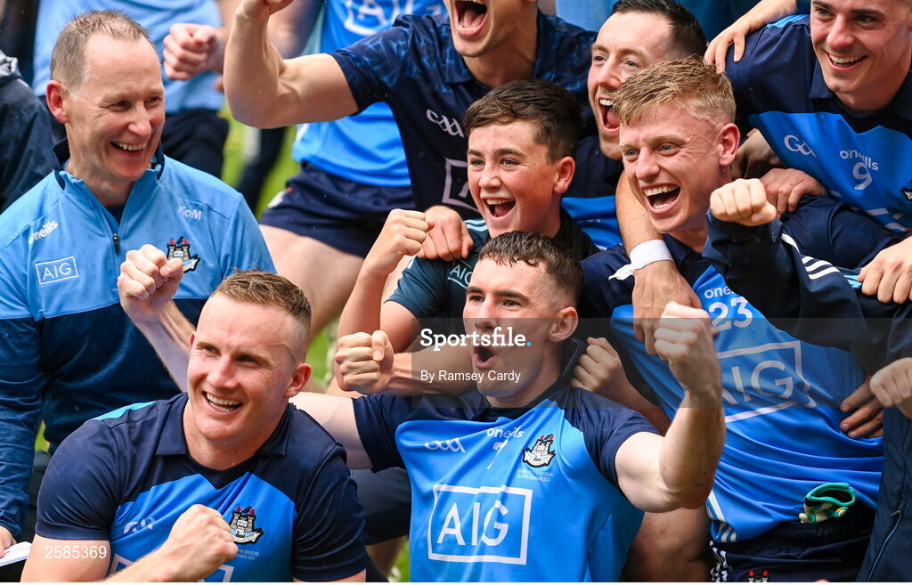 30 July 2023; Dublin players, including Ciaran Kilkenny, Lee Gannon and Cian Murphy celebrate after the GAA Football All-Ireland Senior Championship final match between Dublin and Kerry at Croke Park in Dublin. Photo by Ramsey Cardy/Sportsfile